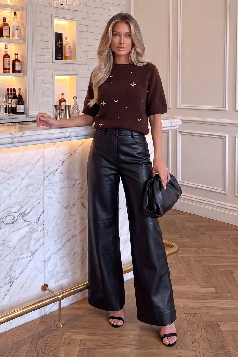 AX PARIS CHOCOLATE EMBELLISHED SHORT SLEEVE BRUSHED KNIT TOP