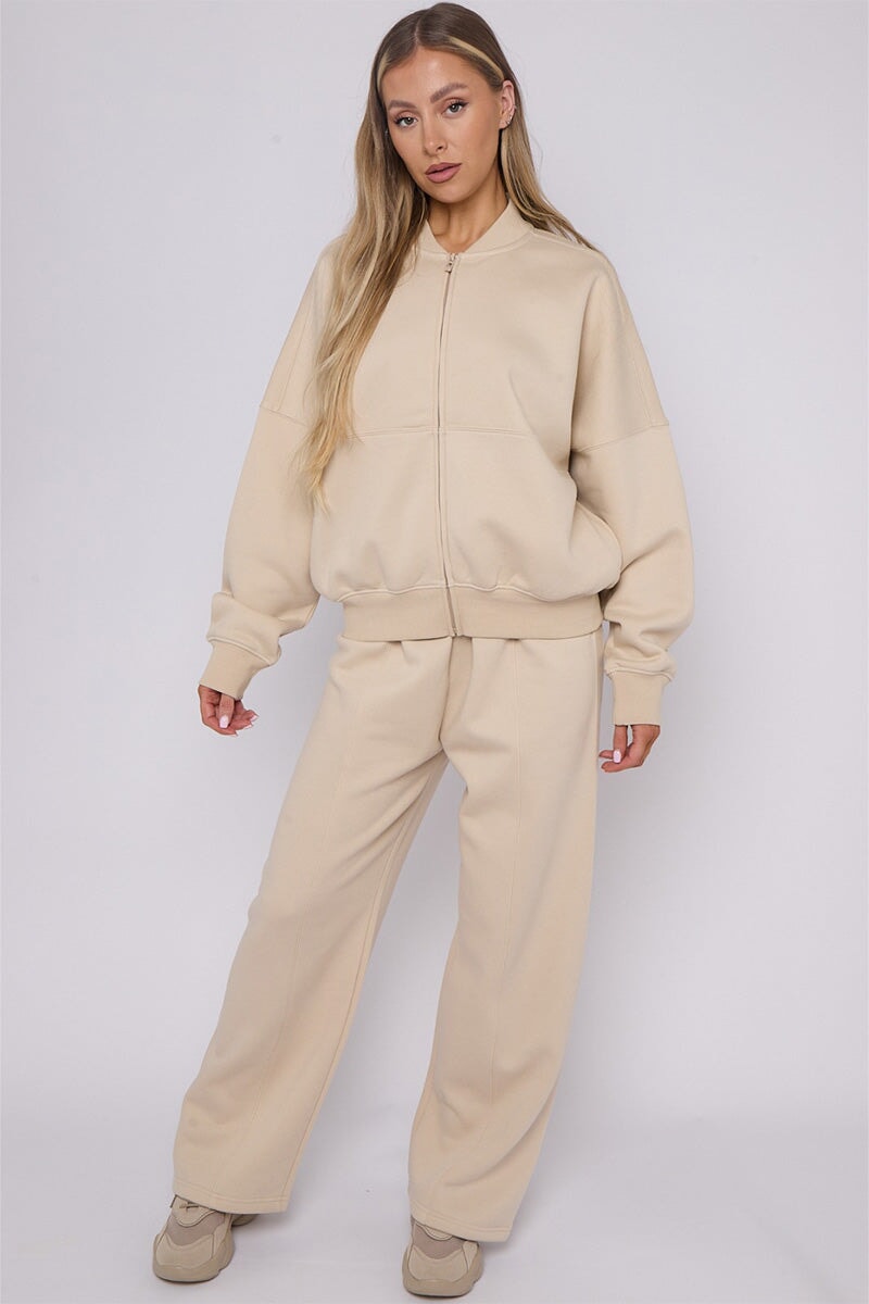 BEIGE BOMBER SWEATSHIRT WITH WIDE LEG JOGGER