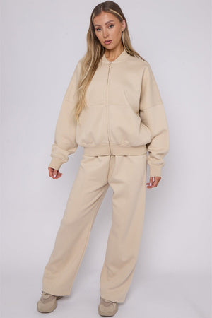 BEIGE BOMBER SWEATSHIRT WITH WIDE LEG JOGGER