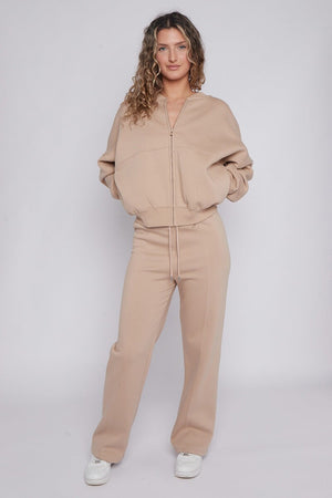 BEIGE BOMBER SWEATSHIRT WITH WIDE LEG JOGGER