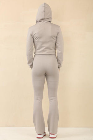 BLEACH GREY CROPPED ZIPPED HOODIE WITH BELL BOTTOM TROUSER