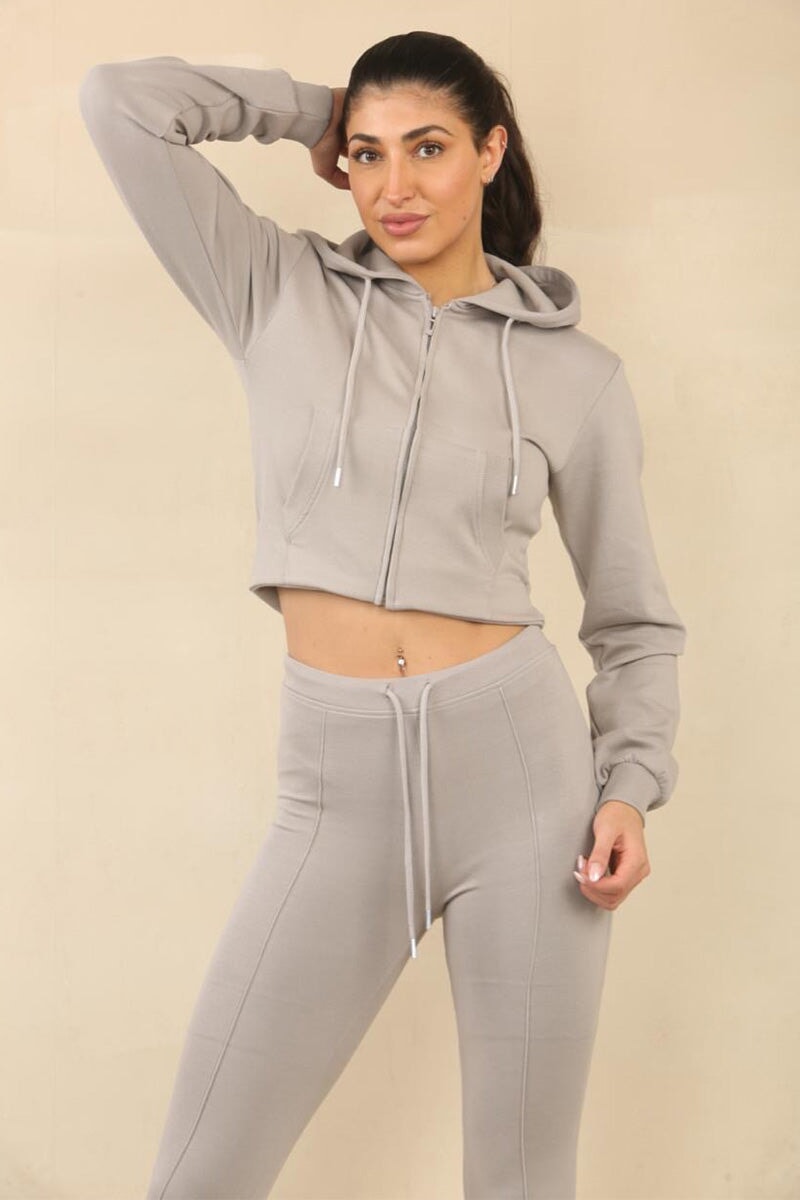 BLEACH GREY CROPPED ZIPPED HOODIE WITH BELL BOTTOM TROUSER
