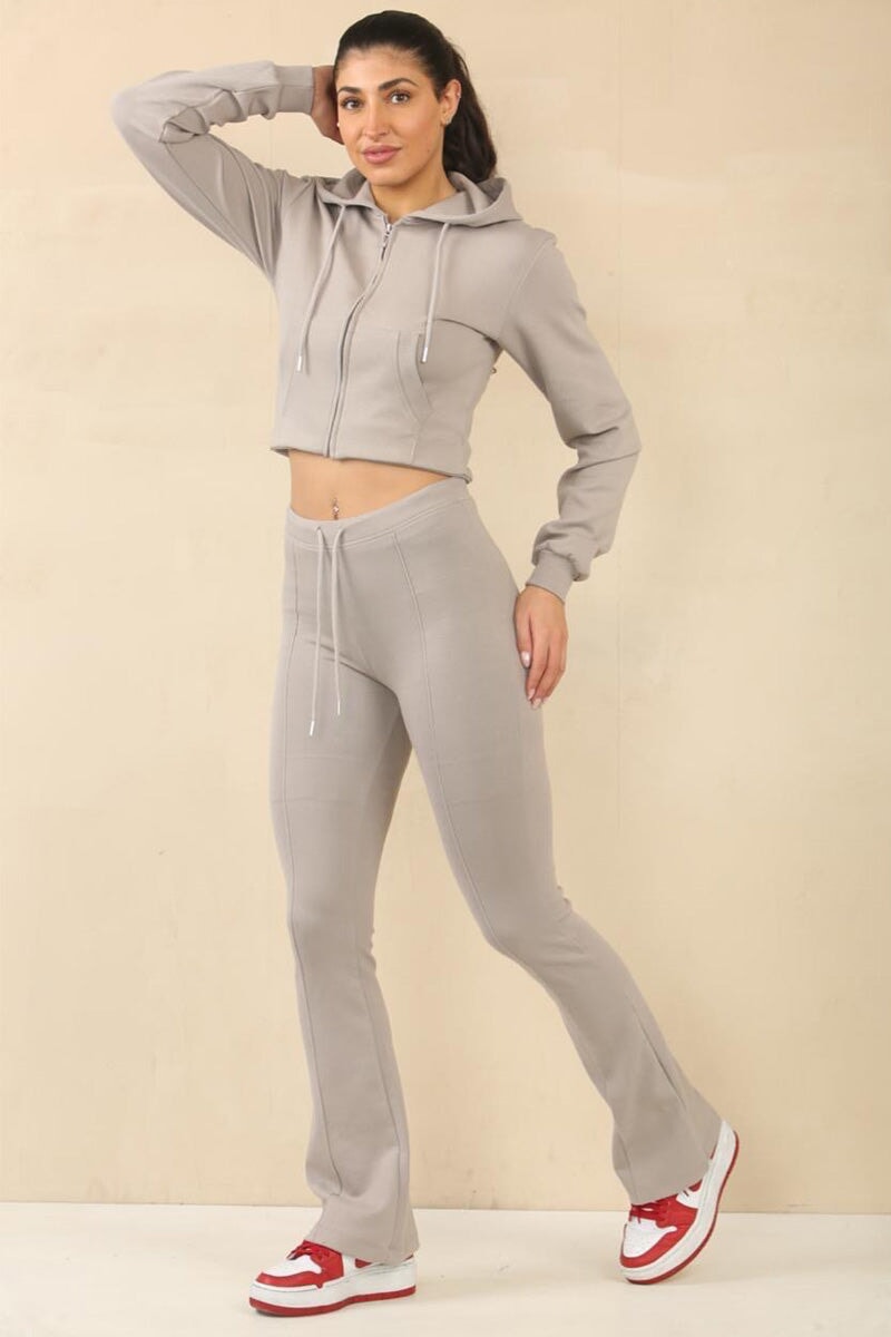BLEACH GREY CROPPED ZIPPED HOODIE WITH BELL BOTTOM TROUSER