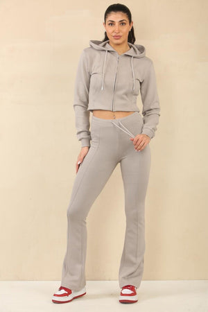 BLEACH GREY CROPPED ZIPPED HOODIE WITH BELL BOTTOM TROUSER