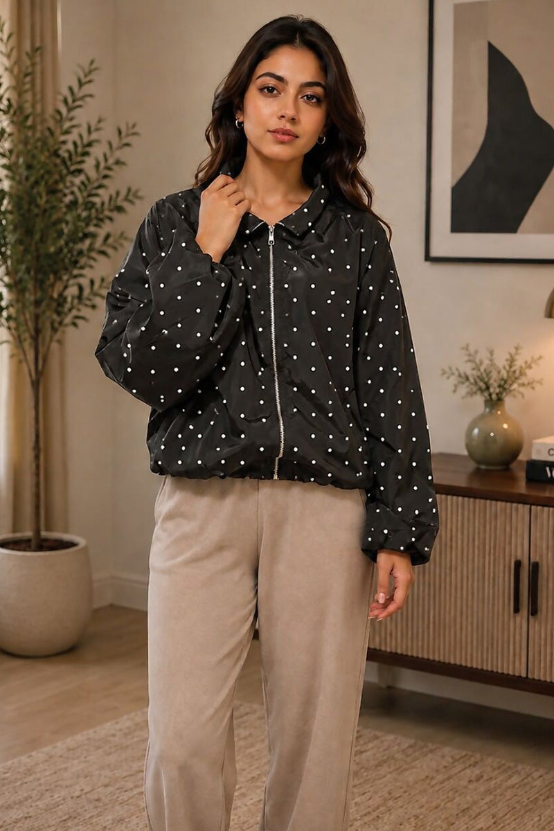 BLACK POLKA DOT BUBBLE HEM ZIP WINDBREAKER JACKET