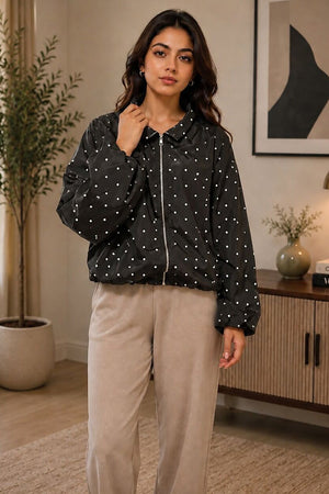 BLACK POLKA DOT BUBBLE HEM ZIP WINDBREAKER JACKET