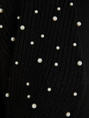 BLACK LONG PEARL TRIM KNITTED CARDIGAN