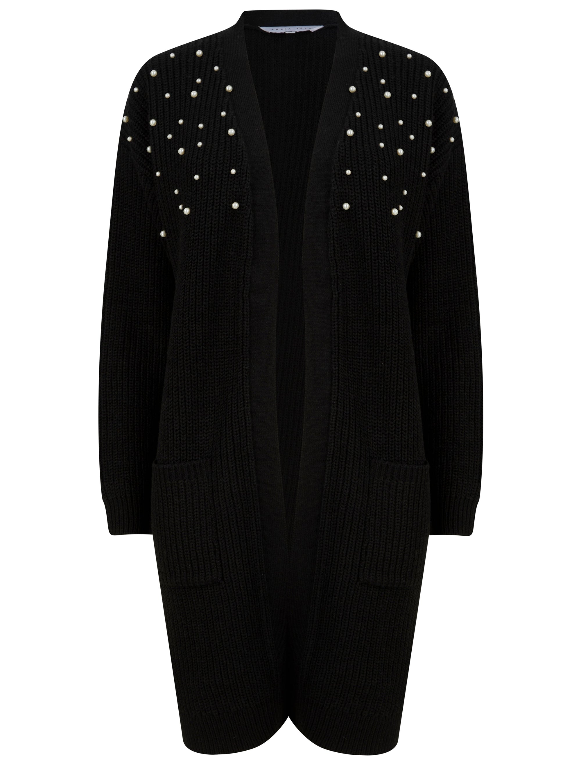 BLACK LONG PEARL TRIM KNITTED CARDIGAN