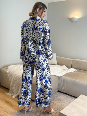 BLUE AND WHITE PRINTED CO-ORD TROUSER-SET