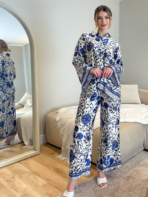 BLUE AND WHITE PRINTED CO-ORD TROUSER-SET