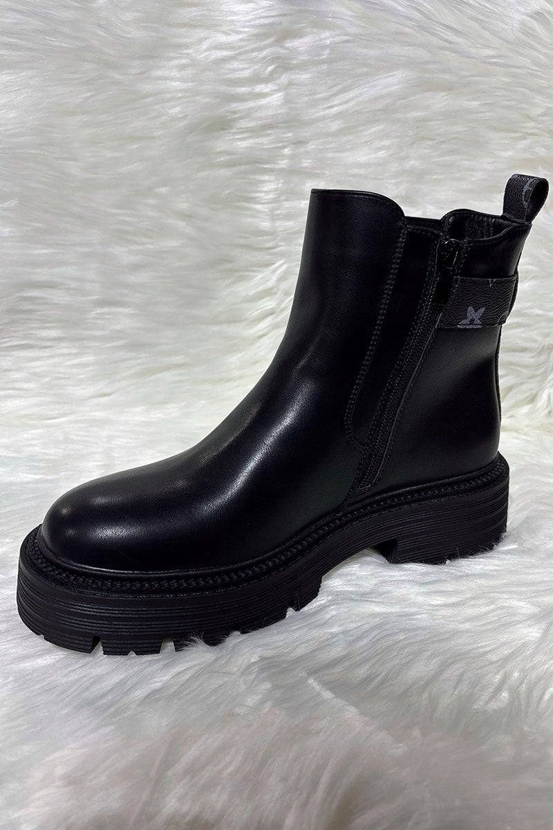 BLACK EMBOSSED LOGO STRAP FAUX LEATHER ANKLE BOOT