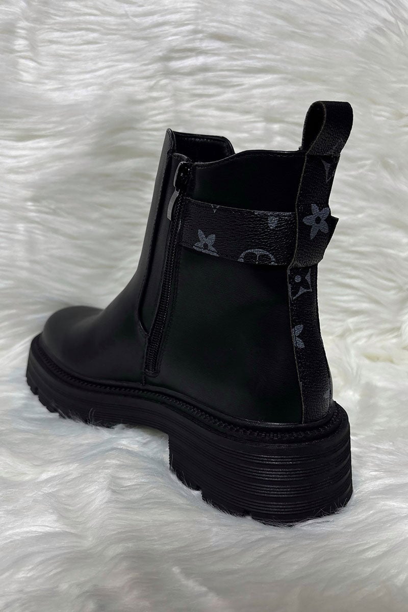 BLACK EMBOSSED LOGO STRAP FAUX LEATHER ANKLE BOOT