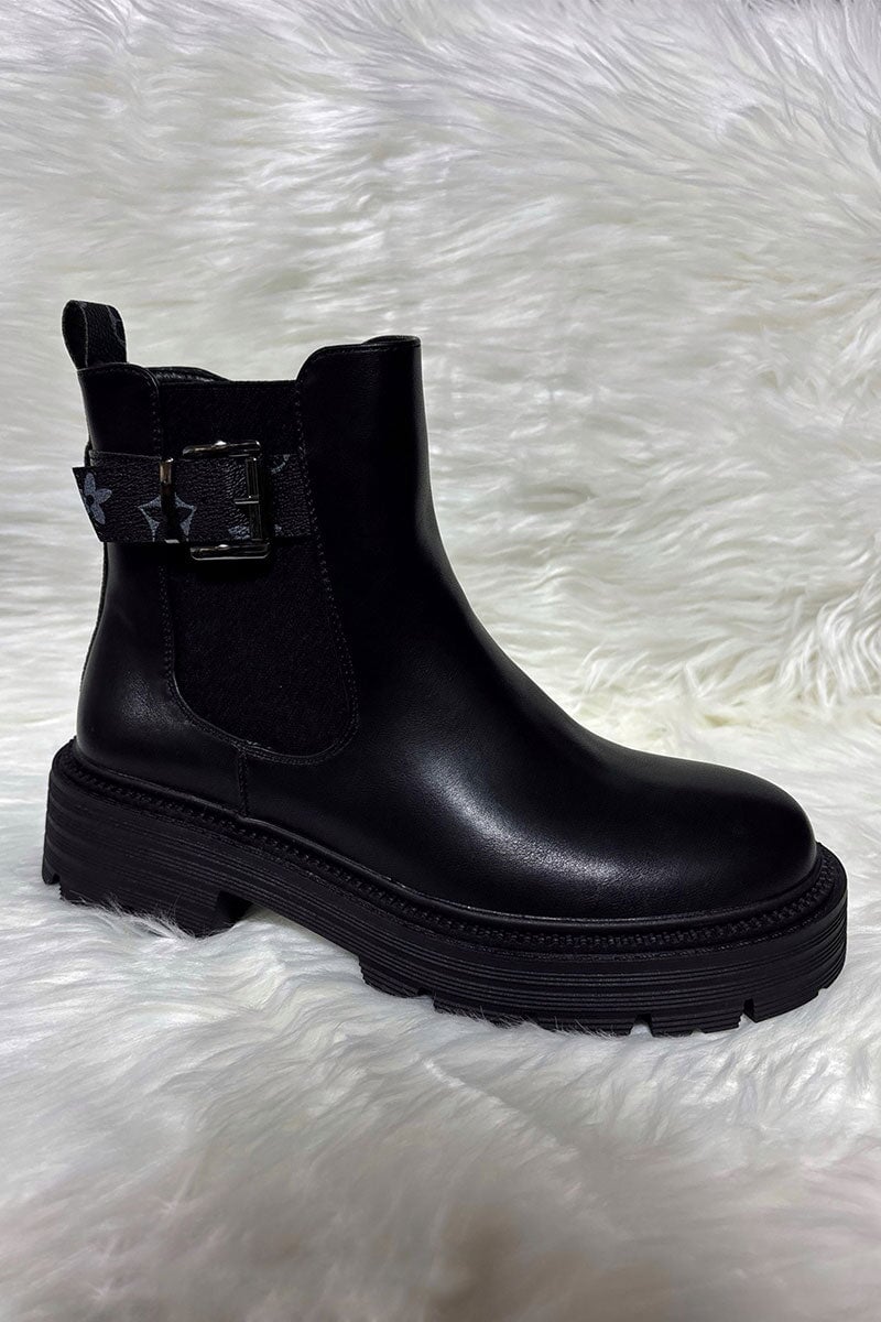 BLACK EMBOSSED LOGO STRAP FAUX LEATHER ANKLE BOOT