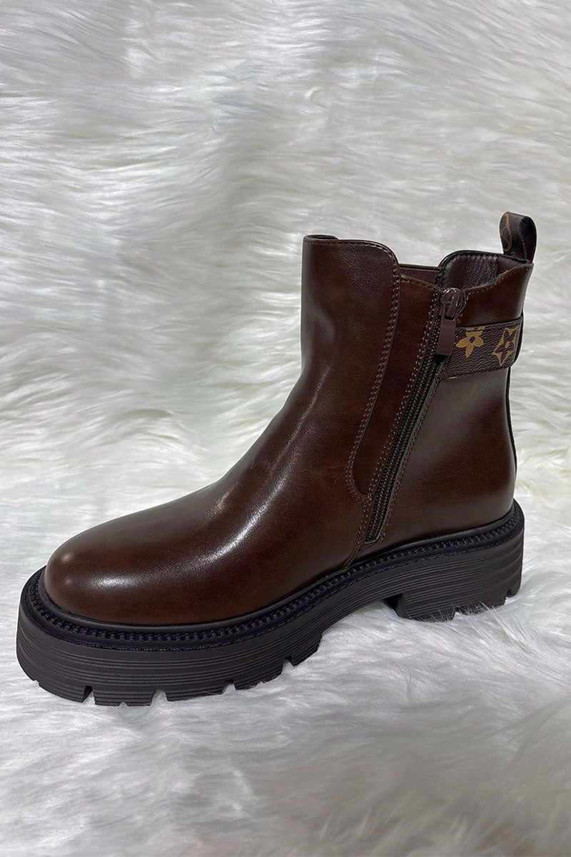 BROWN EMBOSSED LOGO STRAP FAUX LEATHER ANKLE BOOT
