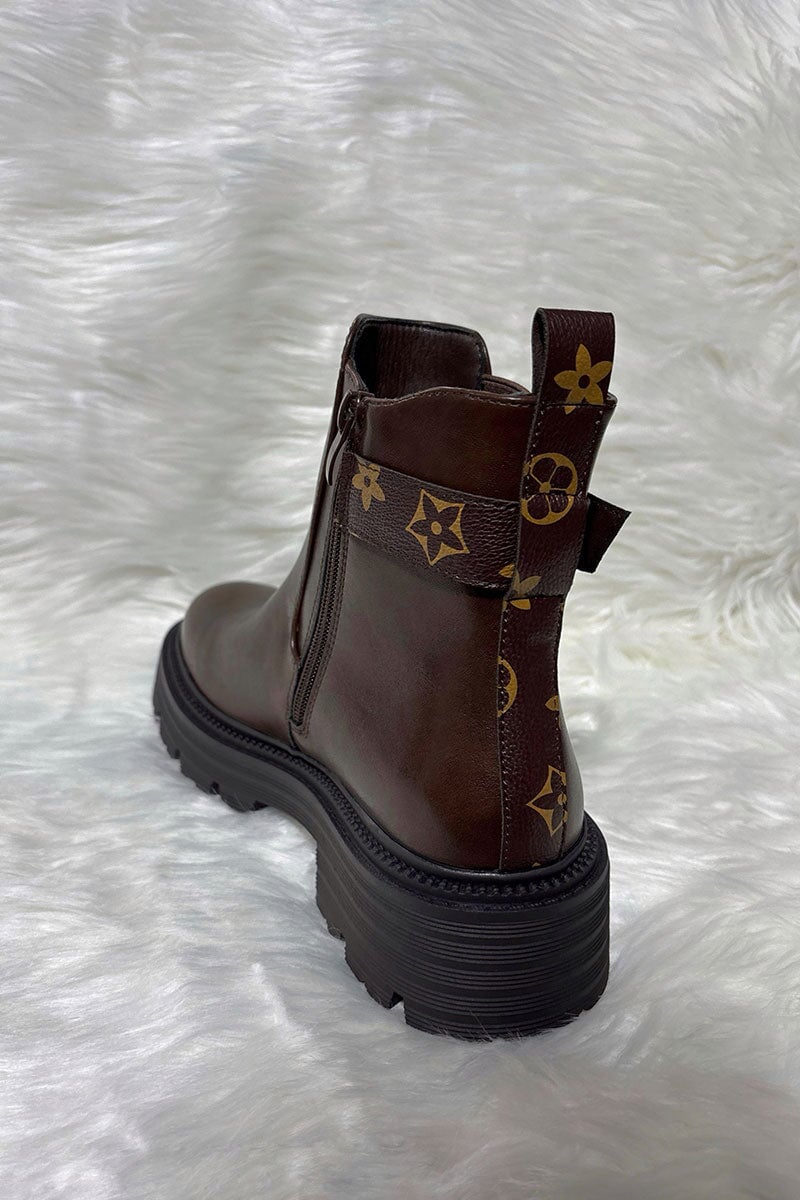BROWN EMBOSSED LOGO STRAP FAUX LEATHER ANKLE BOOT