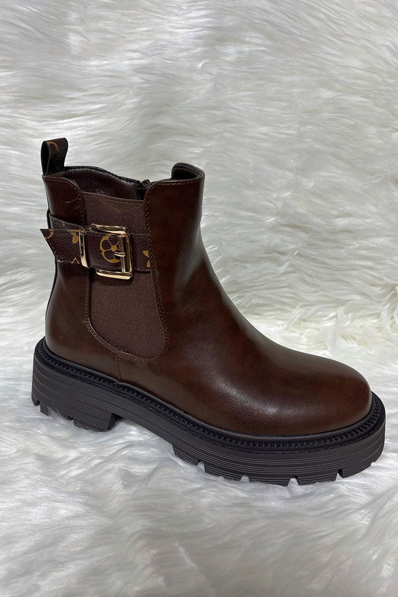 BROWN EMBOSSED LOGO STRAP FAUX LEATHER ANKLE BOOT