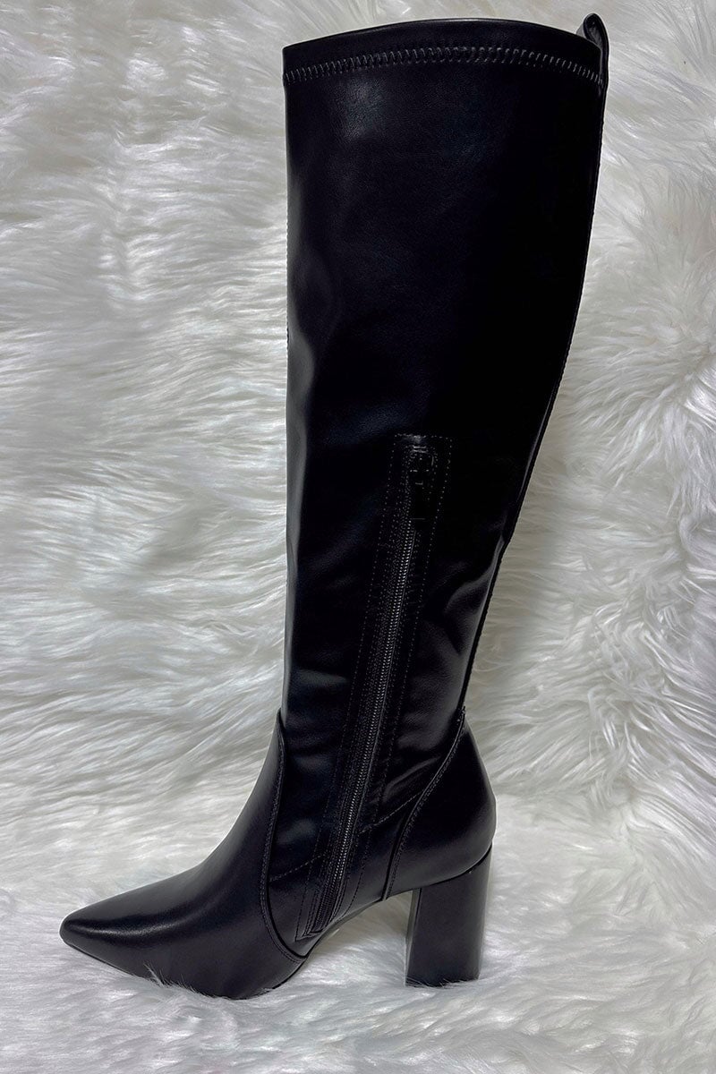 BLACK FAUX LEATHER BLOCK HEEL LONG BOOT