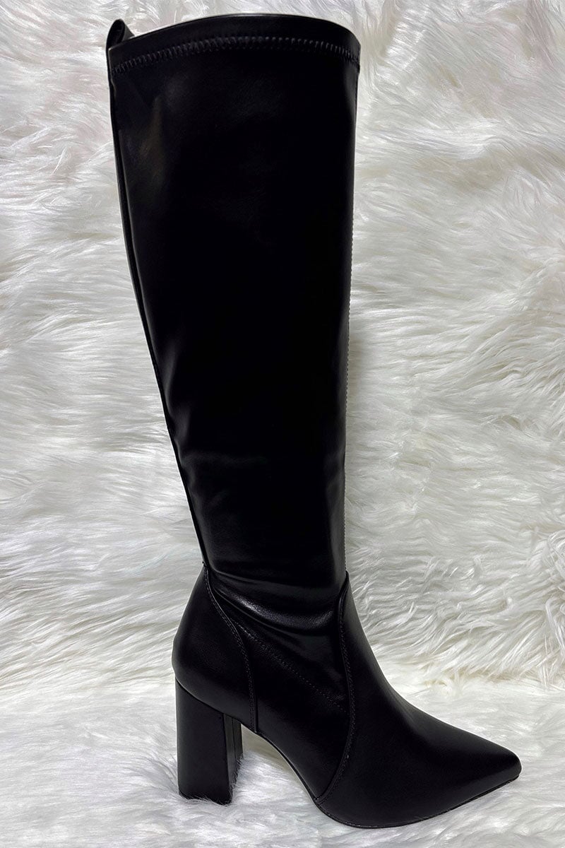 BLACK FAUX LEATHER BLOCK HEEL LONG BOOT