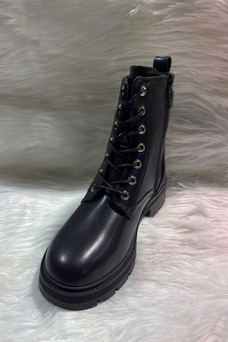 BLACK EMBOSSED LOGO FAUX LEATHER ANKLE BOOT