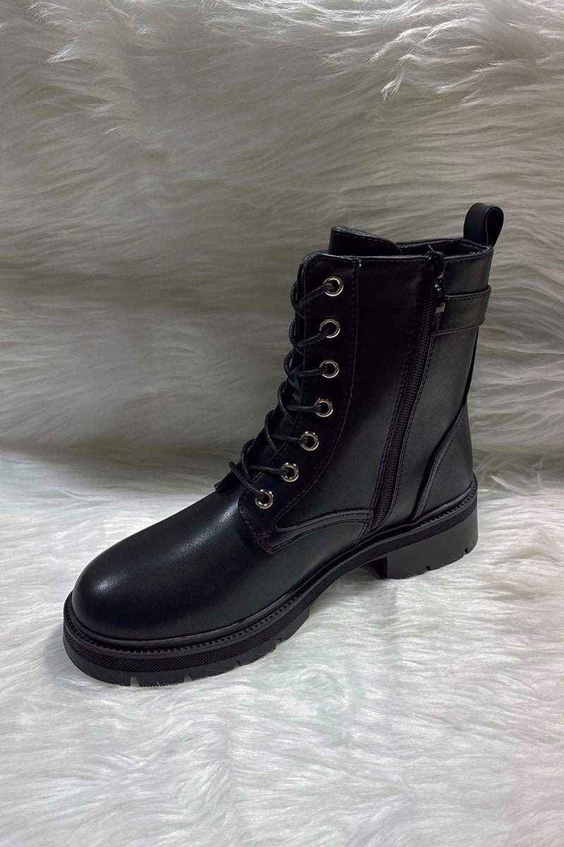 BLACK EMBOSSED LOGO FAUX LEATHER ANKLE BOOT