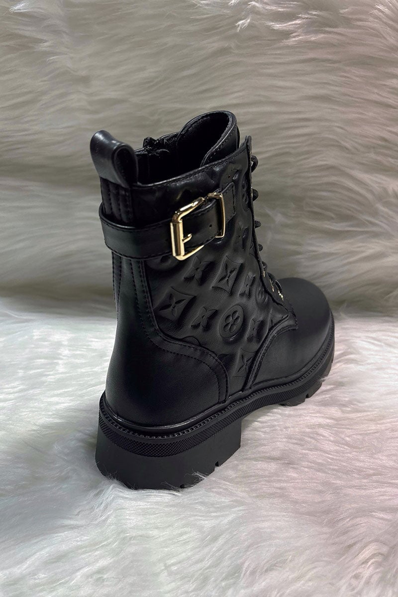 BLACK EMBOSSED LOGO FAUX LEATHER ANKLE BOOT