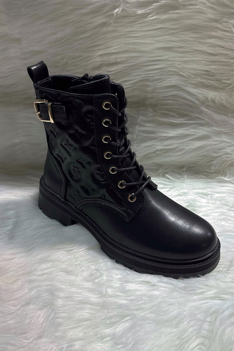 BLACK EMBOSSED LOGO FAUX LEATHER ANKLE BOOT