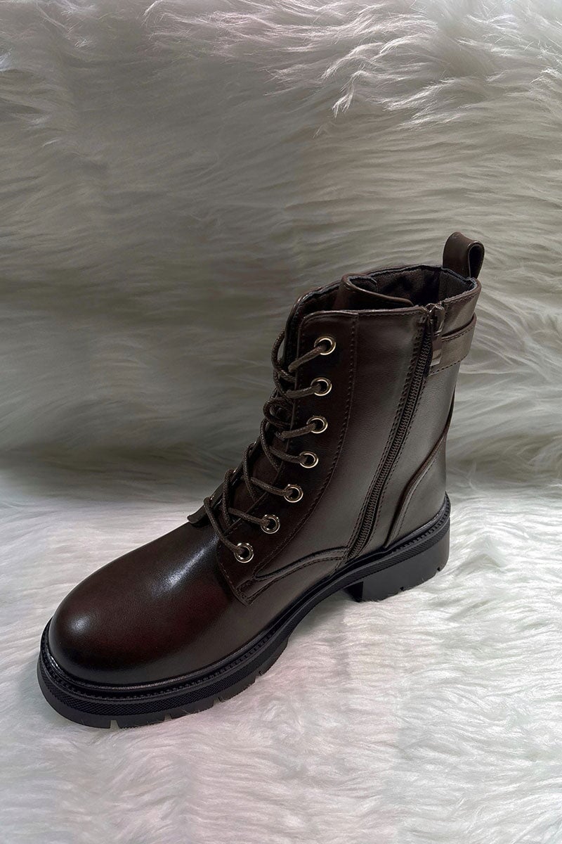 BROWN EMBOSSED LOGO FAUX LEATHER ANKLE BOOT