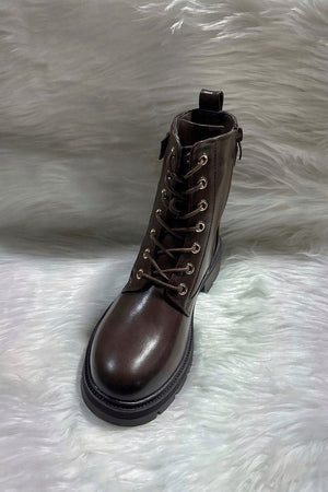 BROWN EMBOSSED LOGO FAUX LEATHER ANKLE BOOT