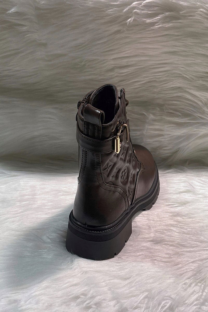 BROWN EMBOSSED LOGO FAUX LEATHER ANKLE BOOT