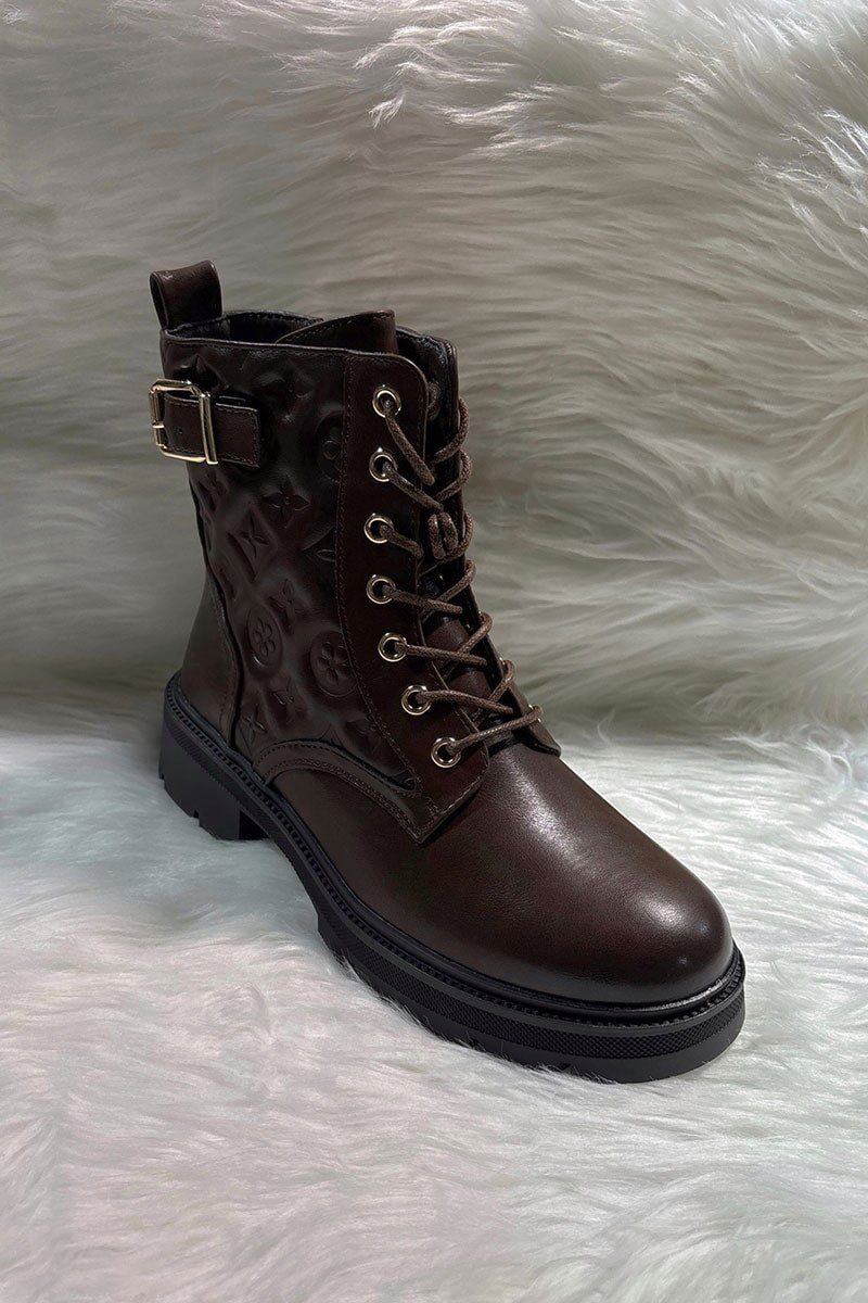 BROWN EMBOSSED LOGO FAUX LEATHER ANKLE BOOT