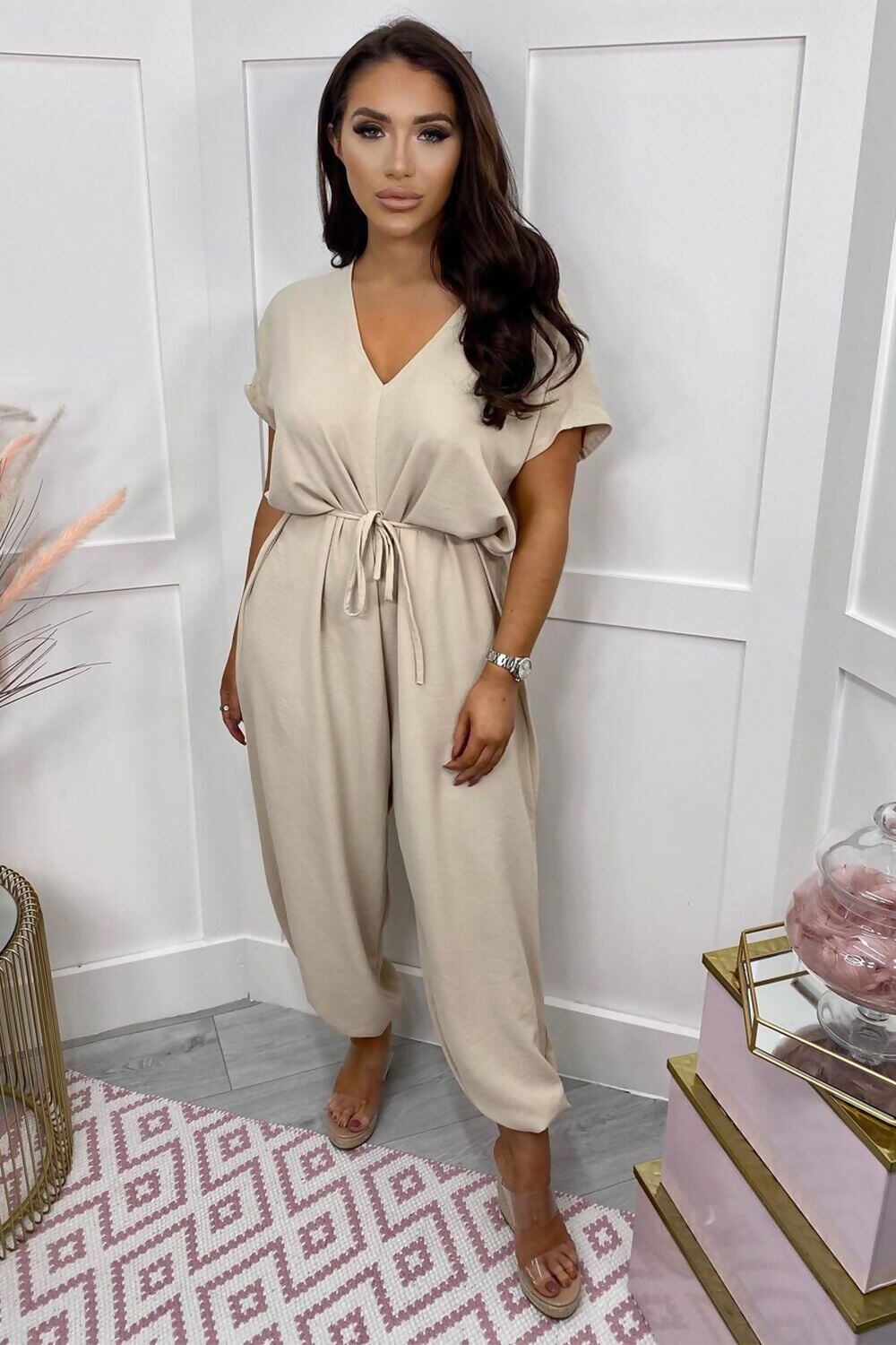 BEIGE TIE WAIST HAREM JUMPSUIT