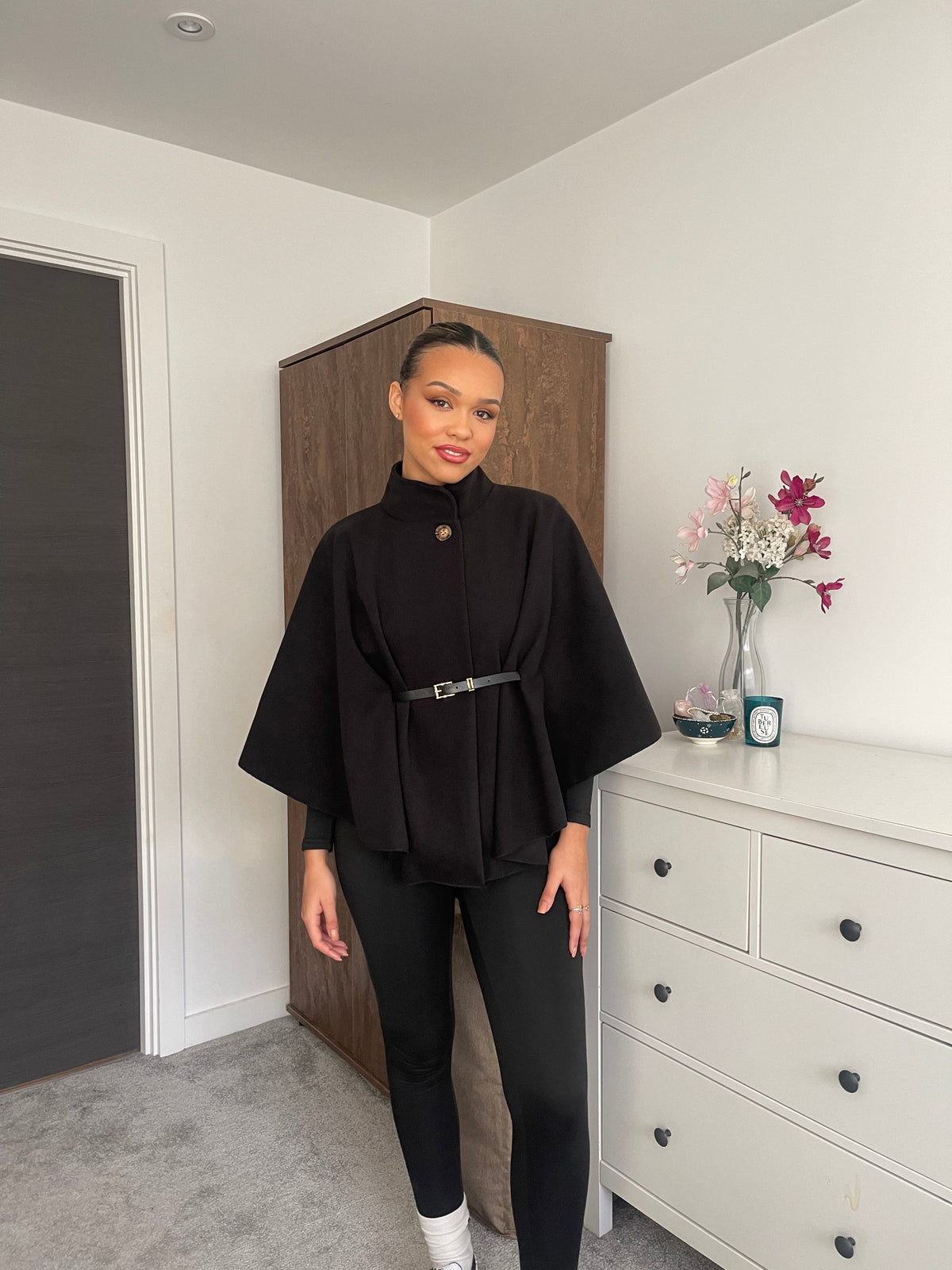 BLACK BELTED CAPE COAT