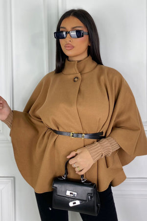 CAMEL BELTED CAPE COAT