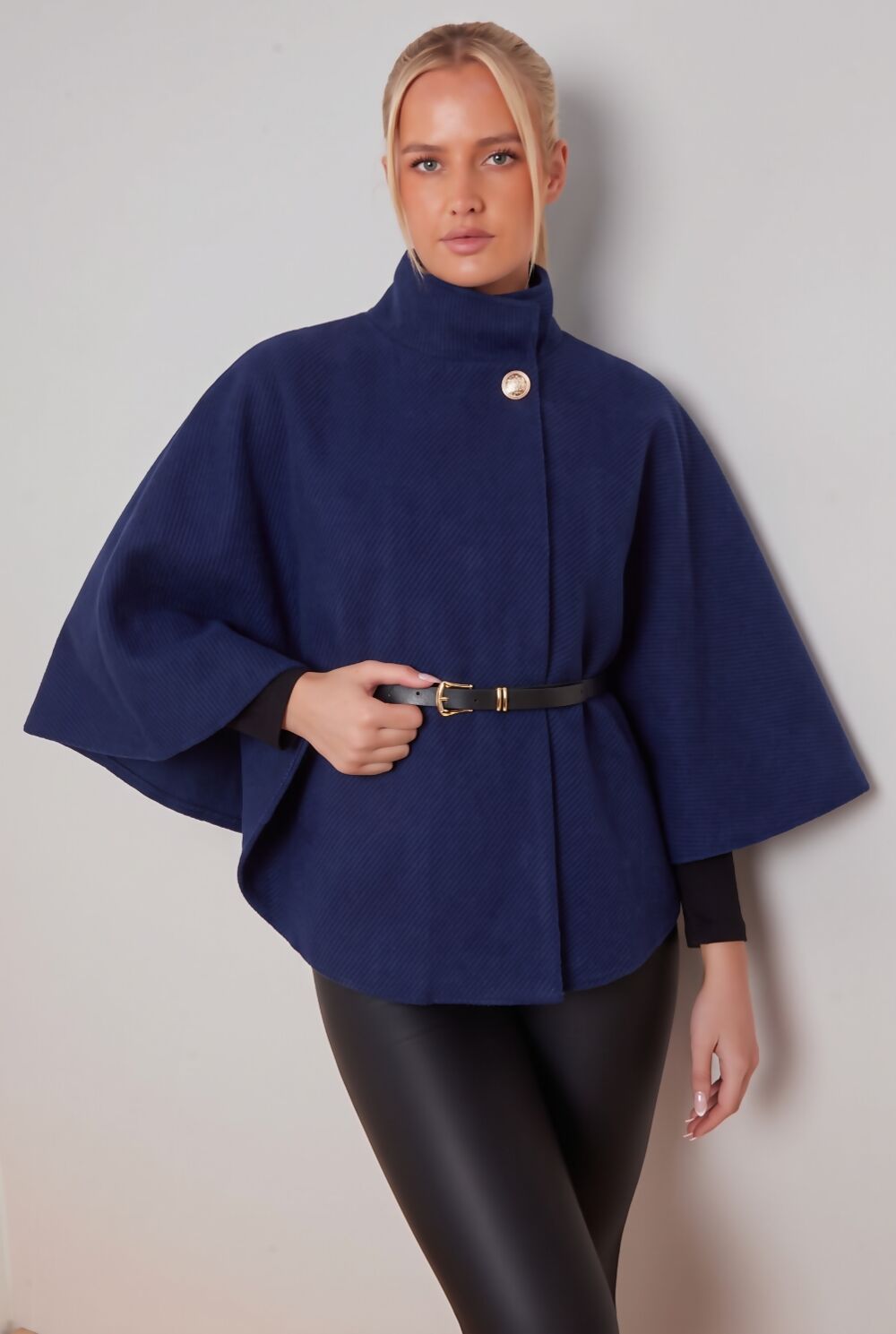 NAVY BELTED CAPE COAT