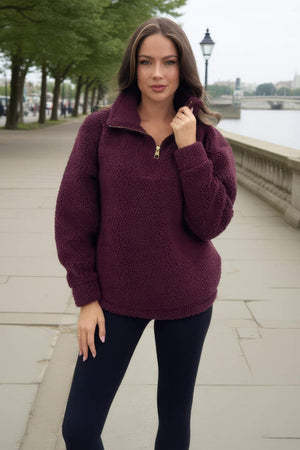 AX PARIS BURGUNDY 1/4 ZIP TEDDY SWEATSHIRT