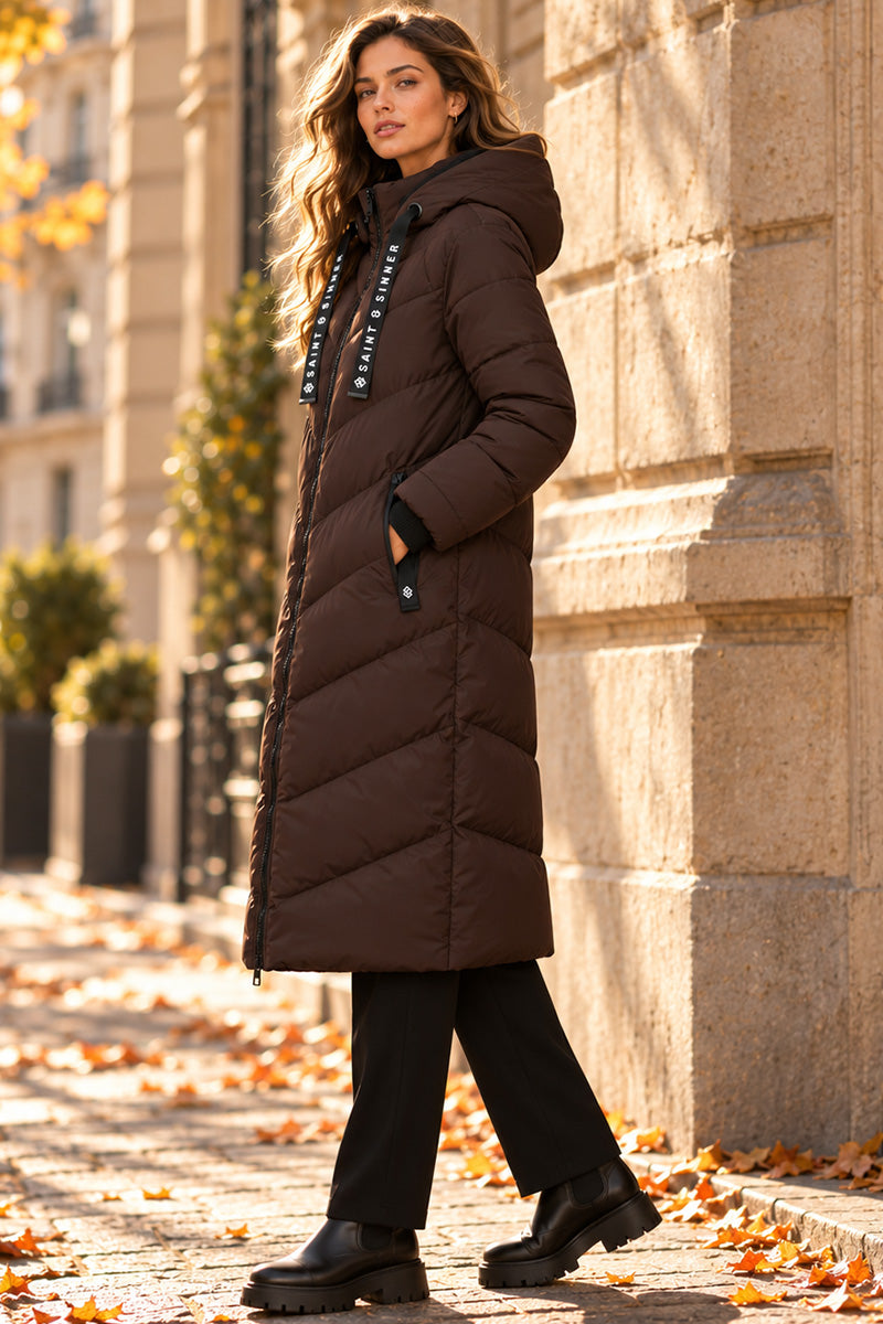 CHOCOLATE HOODED PUFFER COAT WITH ZIP FRONT POCKETS