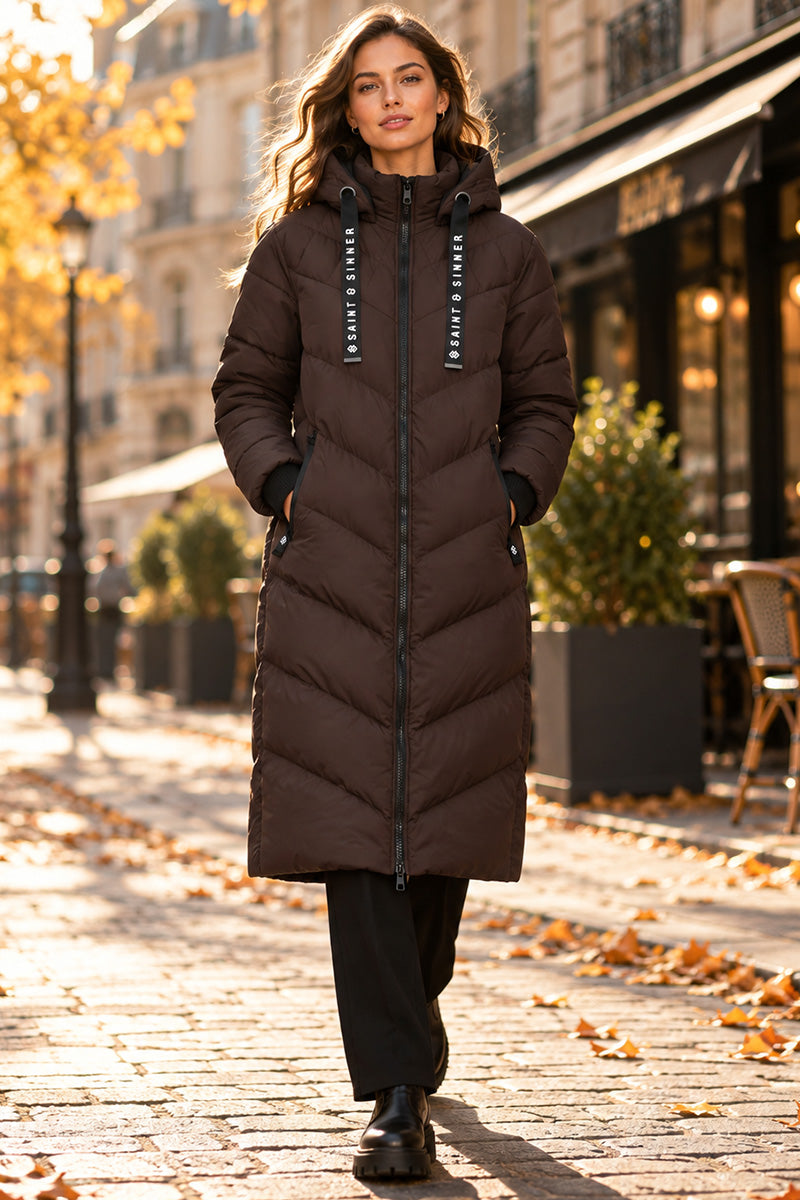 CHOCOLATE HOODED PUFFER COAT WITH ZIP FRONT POCKETS