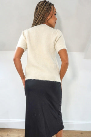 BEIGE BRODERIE ANGLAISE TRIM SHORT SLEEVE KNIT TOP