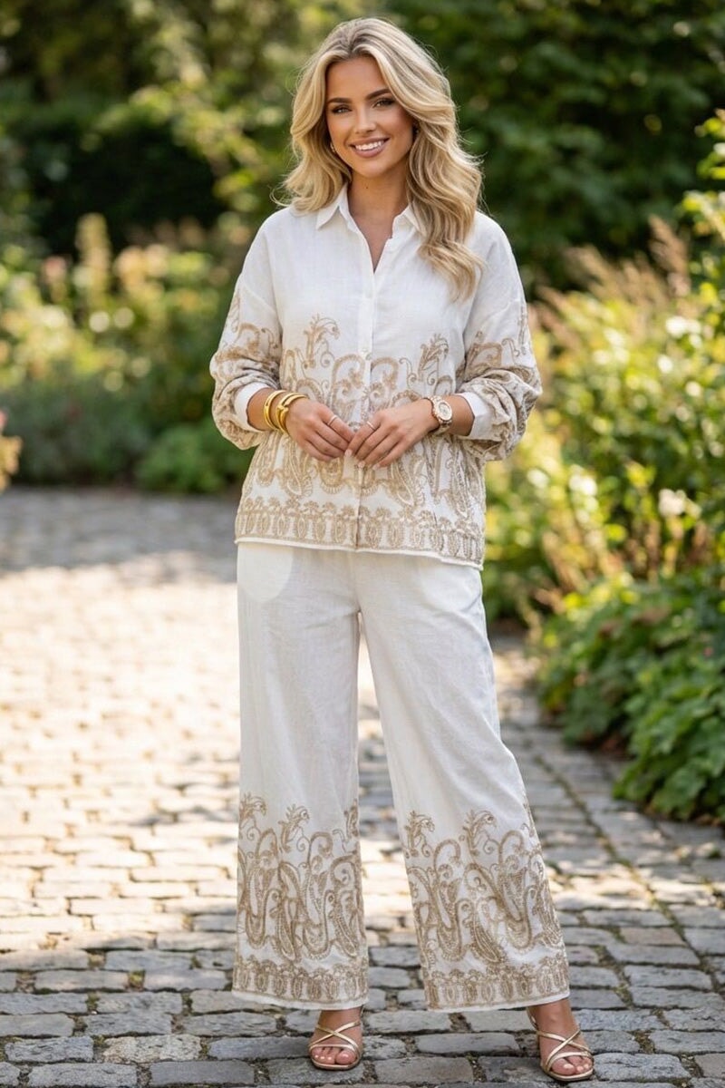 CREAM AND GOLD EMBROIDERED SHIRT AND WIDE LEG TROUSER CO-ORD