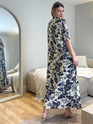 BLUE AND WHITE PRINTED OVERSIZED SMOCK MAXI DRESS