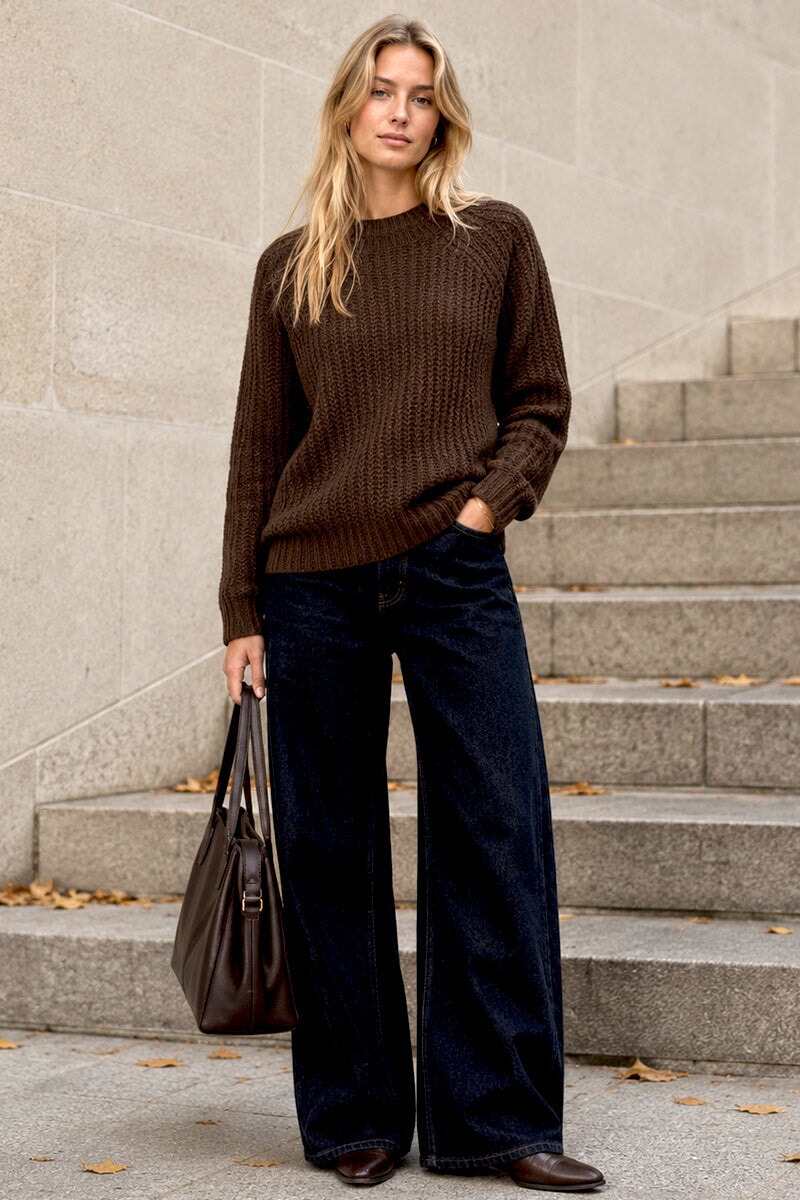 COFFEE CREW NECK WAFFLE KNITTED JUMPER
