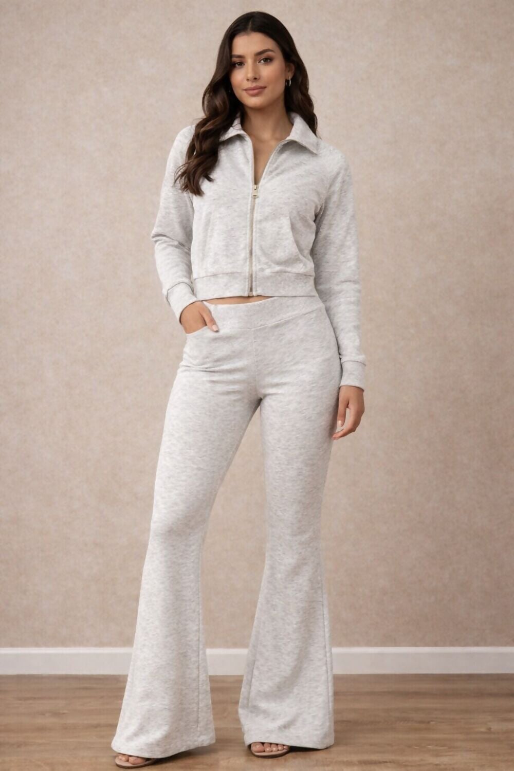 DOVE GREY ZIP COLLAR TOP WITH BOOT LEG TROUSER