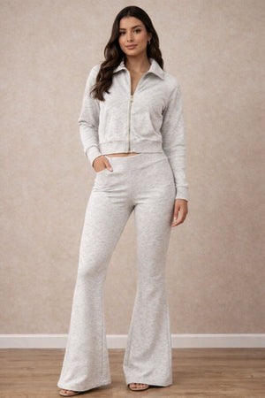 DOVE GREY ZIP COLLAR TOP WITH BOOT LEG TROUSER