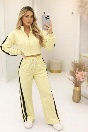 YELLOW CROPPED DOUBLE STRIPE ZIPPED SWEATSHIRT WITH WIDE LEG TROUSER