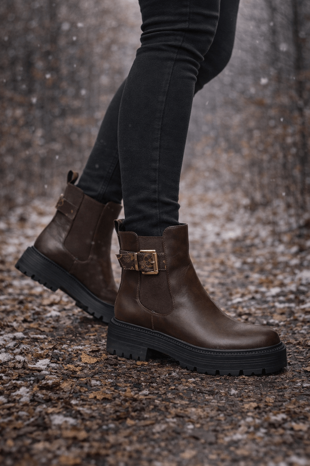 BROWN EMBOSSED LOGO STRAP FAUX LEATHER ANKLE BOOT