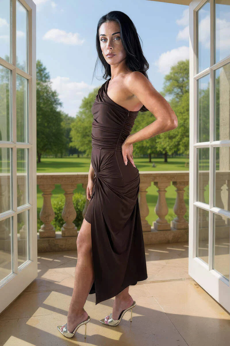 AX PARIS CHOCOLATE ONE SHOULDER KNOT SKIRT MIDI DRESS