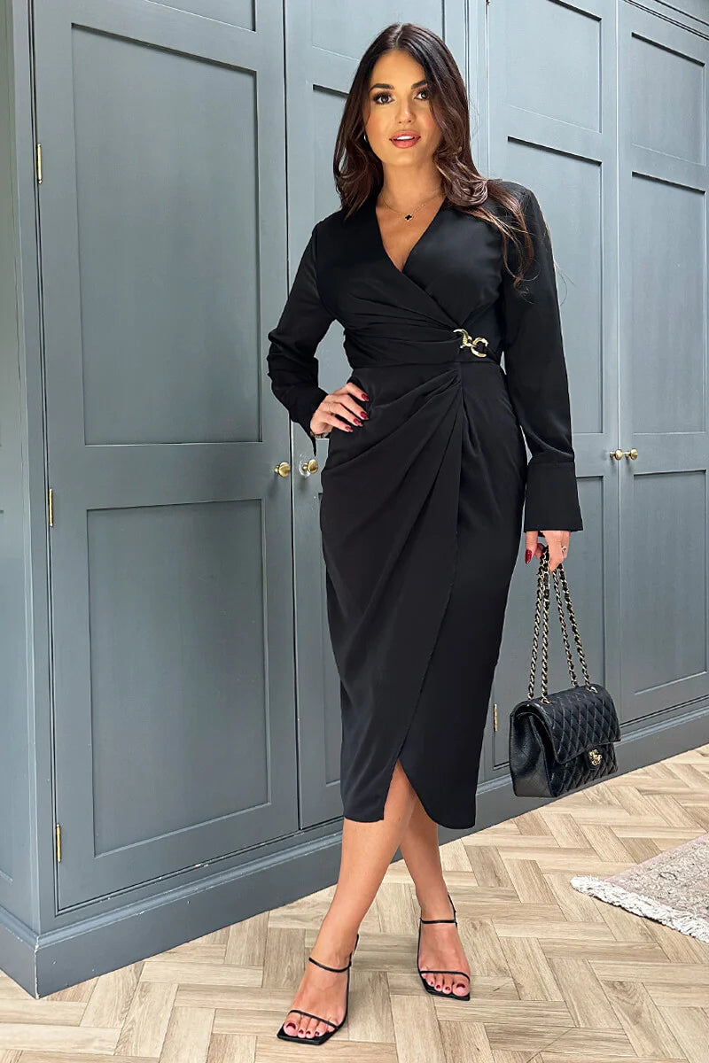 AX PARIS BLACK WRAP GOLD BUCKLE MIDI DRESS