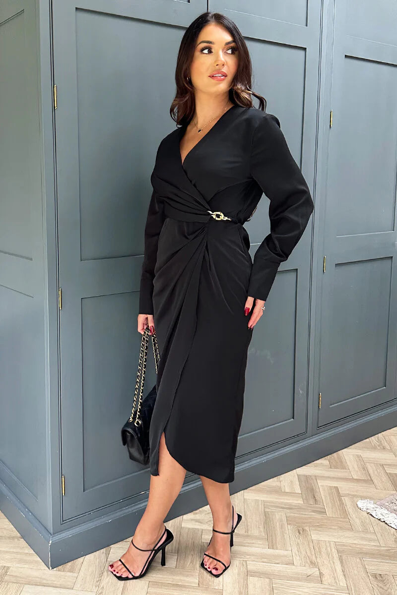 AX PARIS BLACK WRAP GOLD BUCKLE MIDI DRESS