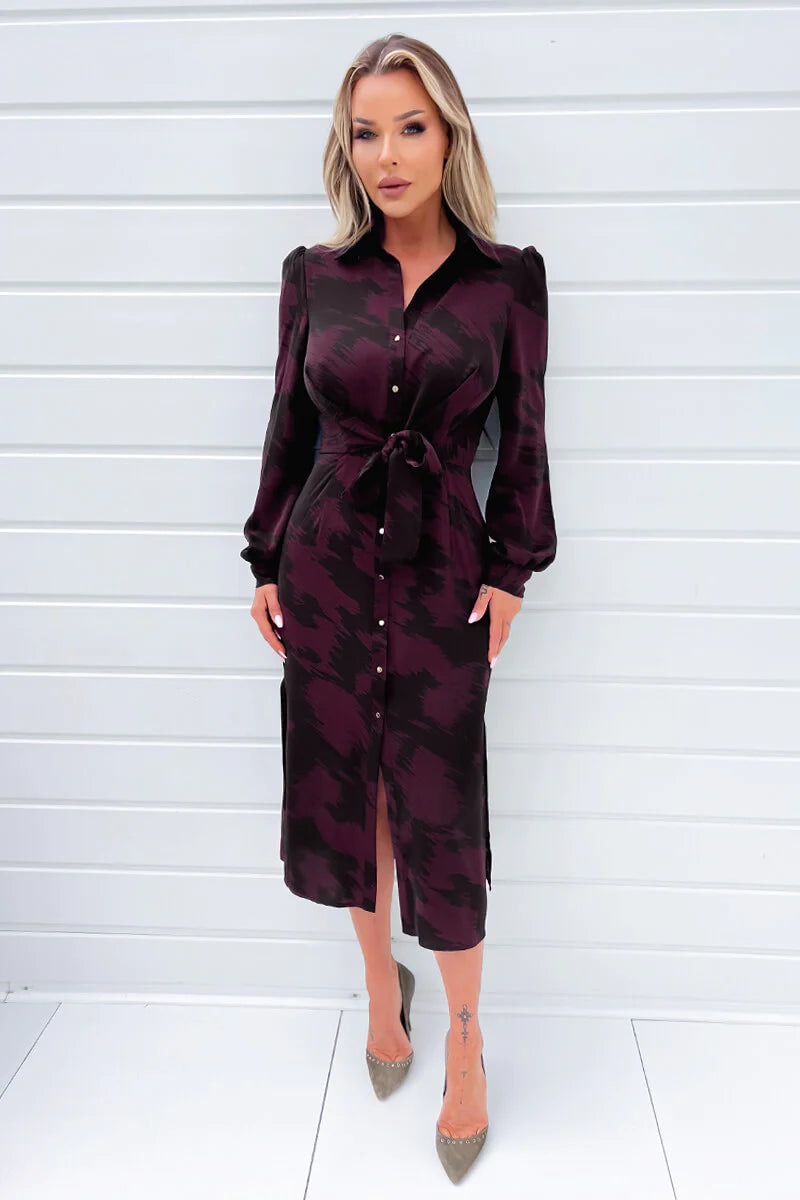 AX PARIS WINE AND BLACK PRINTED BUTTON TIE FRONT SHIRT DRESS