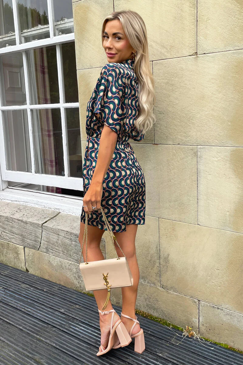 AX PARIS MULTI PRINT HIGH NECK SHORT SLEEVED DRESS